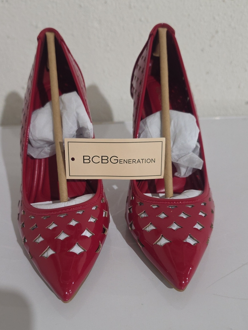 BCBGeneration Bissha-3 Lipstick Red Patent Pointed-Toe Cutout Pumps Sz. 6/36
